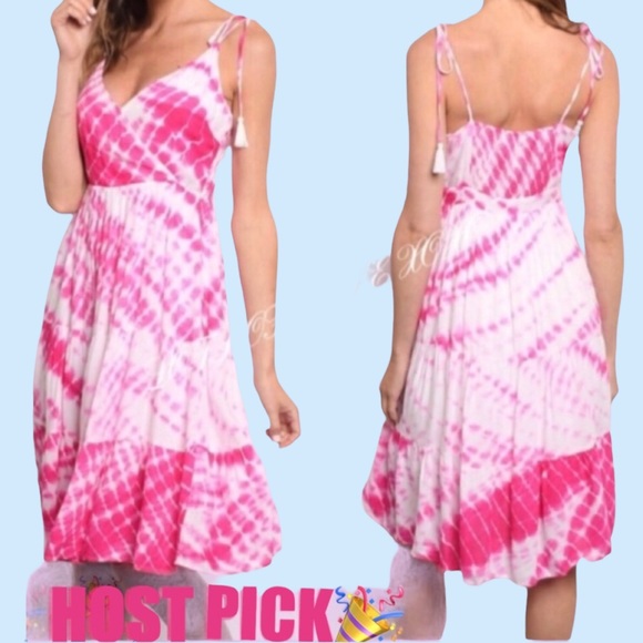 Dresses & Skirts - ❌DONATED❌Fuchsia Pink Tie Dye V-neck Lined Tie Shoulders Midi Dress